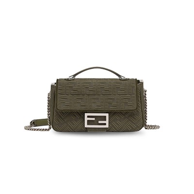 FENDI TECHNICAL FABRIC FF MIDI CHAIN BAGUETTE OLIVA 8BR793AHW5F1F2L (24*13*6cm)